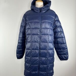 Adventure Lightweight Full Zip Women's Long Puffer Navy Jacket Pockets Size-XXL